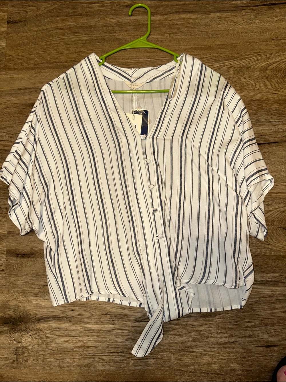 Marshalls White and Navy Striped Button-Front Tie Hem Blouse